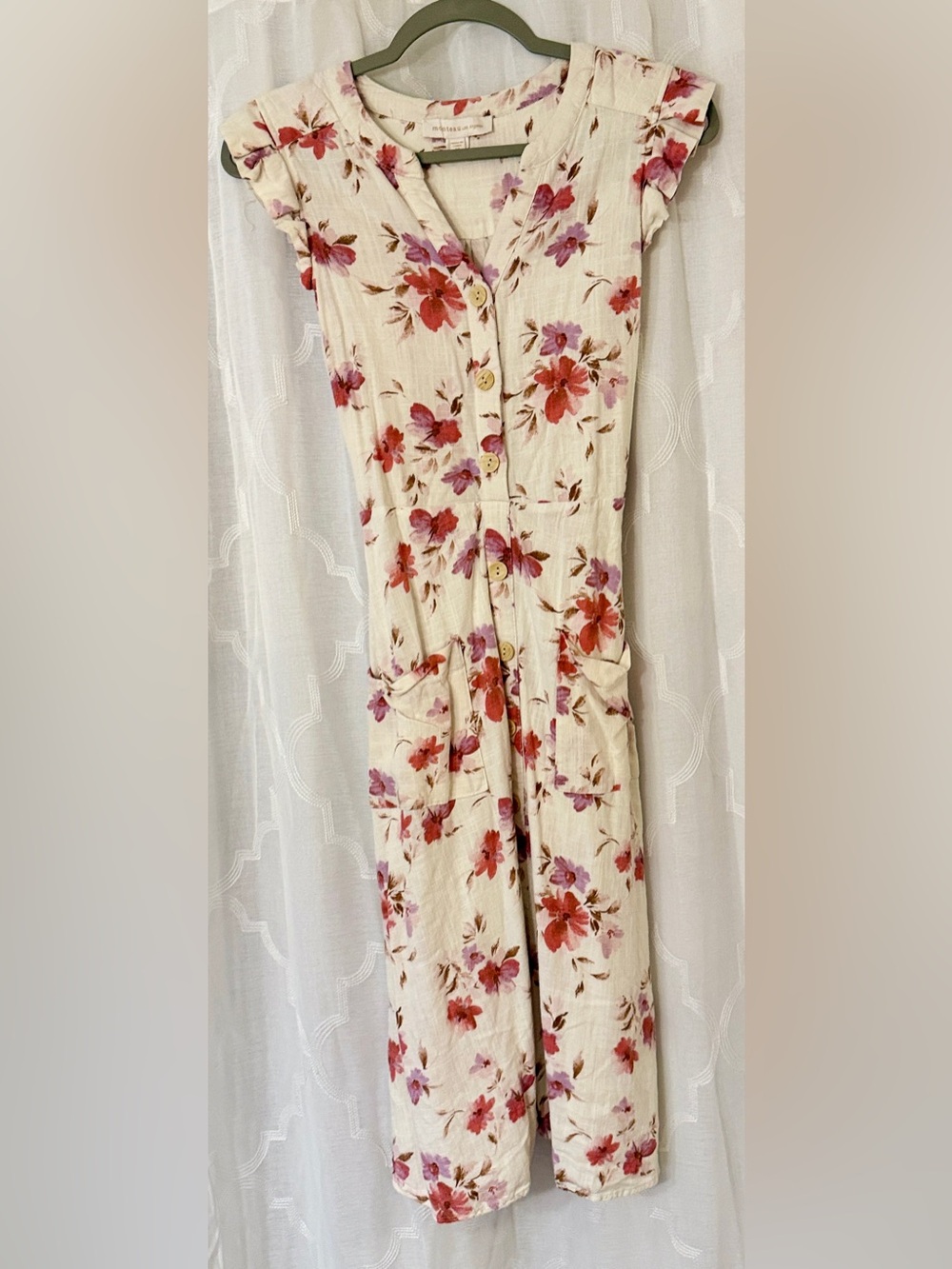 Monteau Cream Floral Midi Dress Medium Cottagecore Button Front Dress - Picture 2 of 16